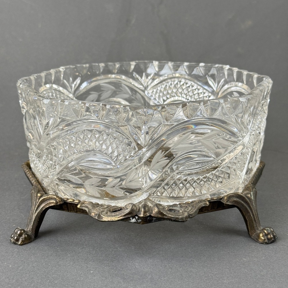 Vintage Cut Crystal Glass Bowl Ornate Metal Stand Claw Paw Feet Candy Dish - Picture 4 of 12